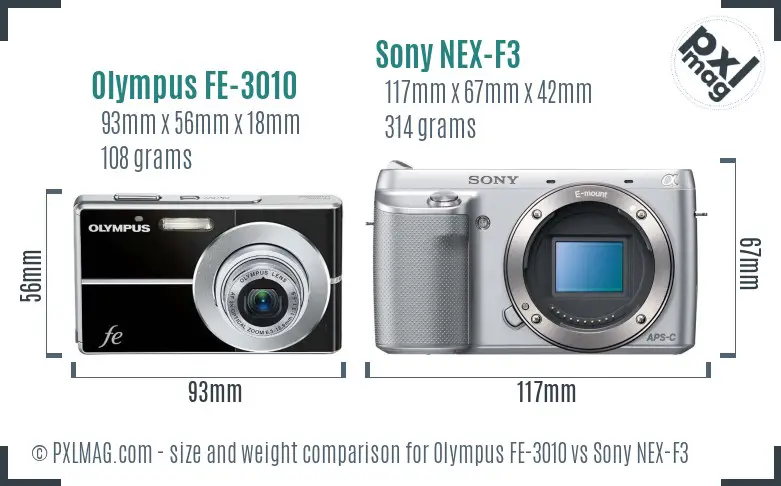 Olympus FE-3010 vs Sony NEX-F3 size comparison