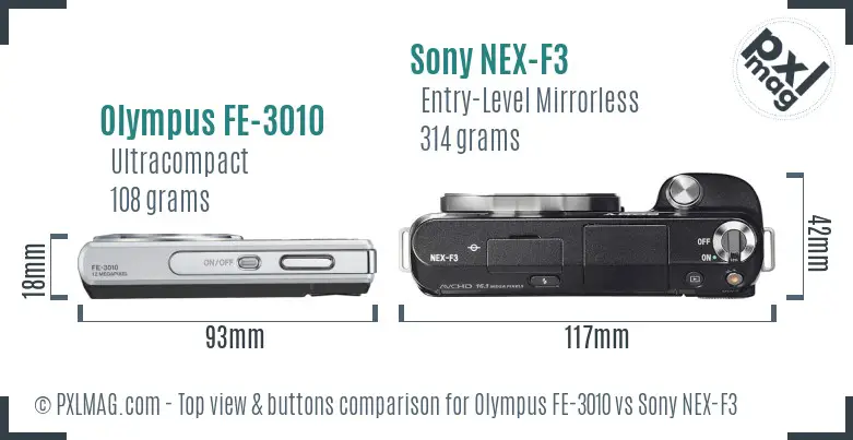 Olympus FE-3010 vs Sony NEX-F3 top view buttons comparison