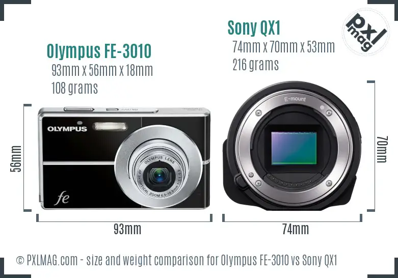 Olympus FE-3010 vs Sony QX1 size comparison