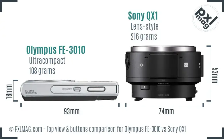 Olympus FE-3010 vs Sony QX1 top view buttons comparison