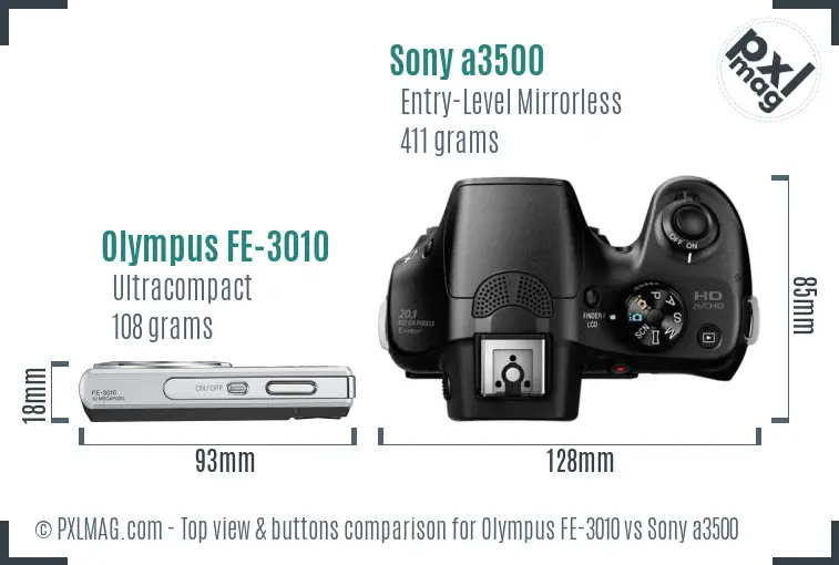 Olympus FE-3010 vs Sony a3500 top view buttons comparison