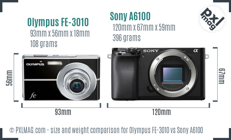 Olympus FE-3010 vs Sony A6100 size comparison