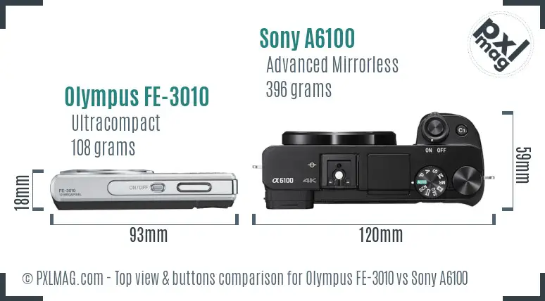 Olympus FE-3010 vs Sony A6100 top view buttons comparison