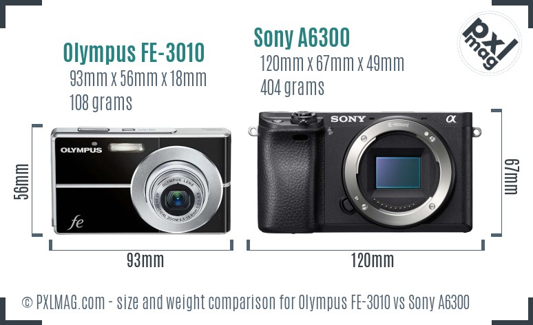 Olympus FE-3010 vs Sony A6300 size comparison