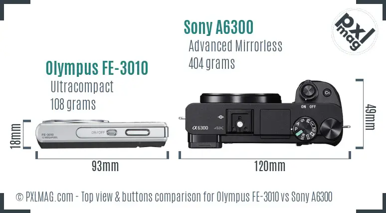 Olympus FE-3010 vs Sony A6300 top view buttons comparison