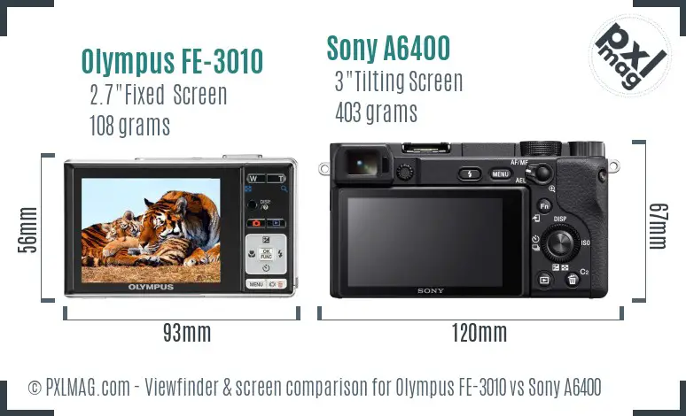 Olympus FE-3010 vs Sony A6400 Screen and Viewfinder comparison