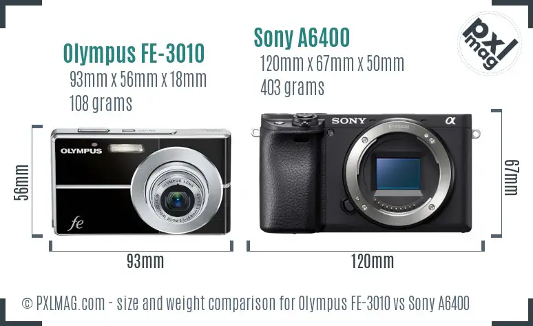 Olympus FE-3010 vs Sony A6400 size comparison