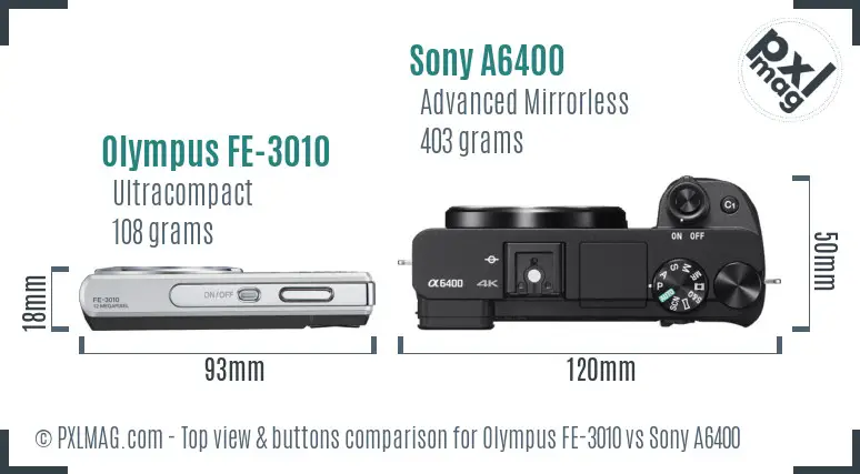 Olympus FE-3010 vs Sony A6400 top view buttons comparison