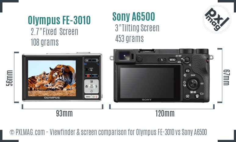 Olympus FE-3010 vs Sony A6500 Screen and Viewfinder comparison