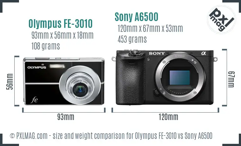 Olympus FE-3010 vs Sony A6500 size comparison