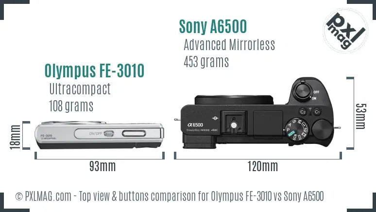 Olympus FE-3010 vs Sony A6500 top view buttons comparison