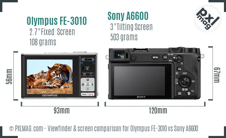 Olympus FE-3010 vs Sony A6600 Screen and Viewfinder comparison