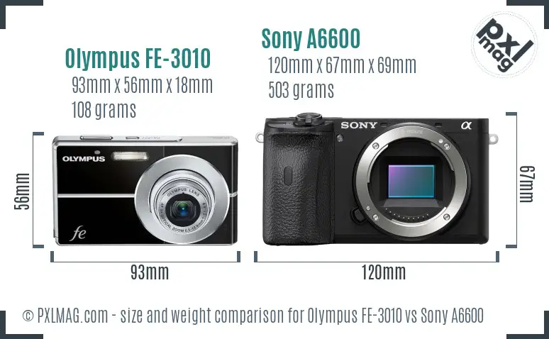 Olympus FE-3010 vs Sony A6600 size comparison