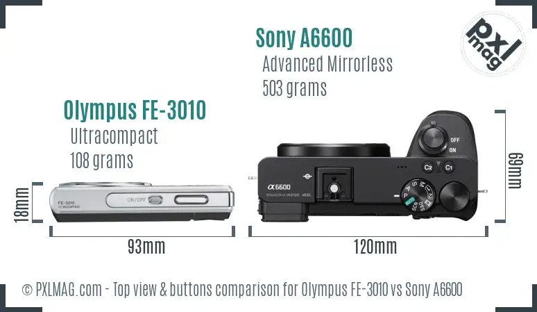 Olympus FE-3010 vs Sony A6600 top view buttons comparison