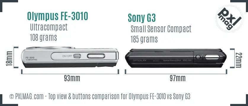 Olympus FE-3010 vs Sony G3 top view buttons comparison