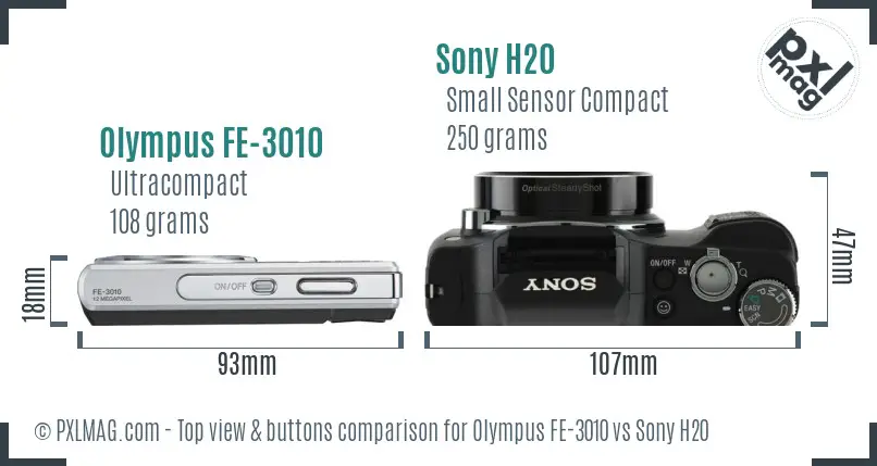 Olympus FE-3010 vs Sony H20 top view buttons comparison