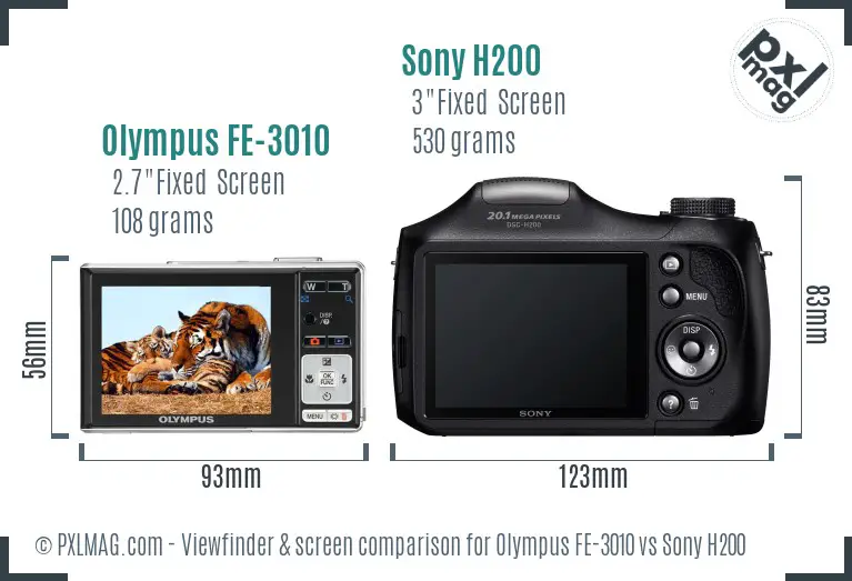 Olympus FE-3010 vs Sony H200 Screen and Viewfinder comparison