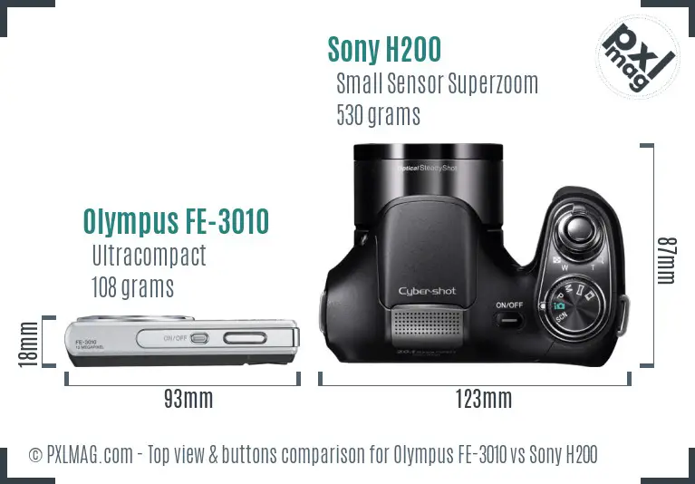 Olympus FE-3010 vs Sony H200 top view buttons comparison