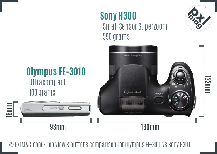 Olympus FE-3010 vs Sony H300 top view buttons comparison