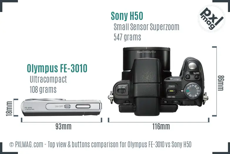 Olympus FE-3010 vs Sony H50 top view buttons comparison
