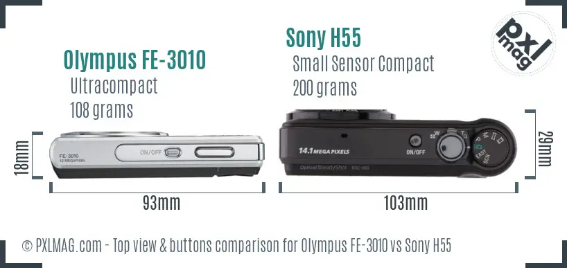 Olympus FE-3010 vs Sony H55 top view buttons comparison
