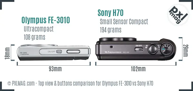 Olympus FE-3010 vs Sony H70 top view buttons comparison