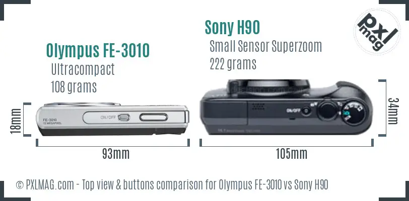 Olympus FE-3010 vs Sony H90 top view buttons comparison