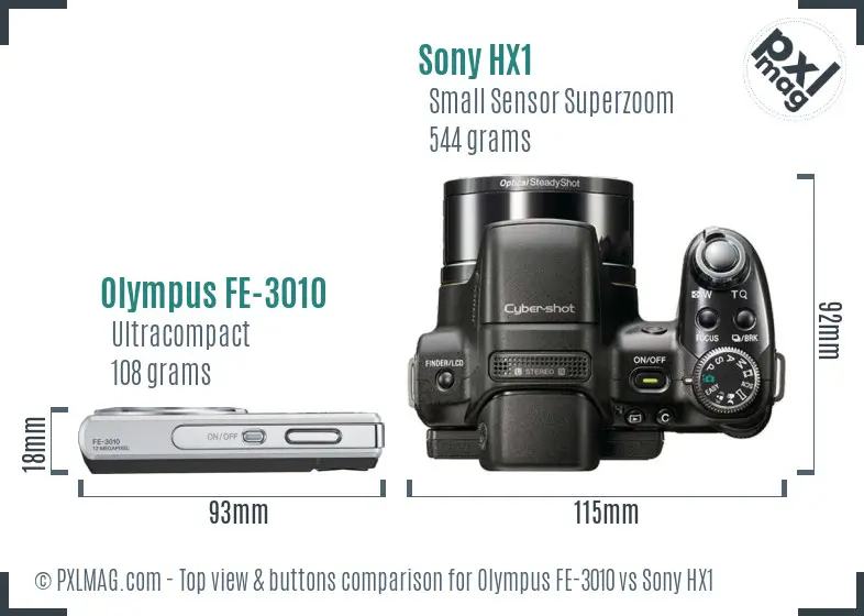 Olympus FE-3010 vs Sony HX1 top view buttons comparison
