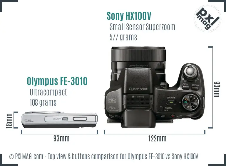 Olympus FE-3010 vs Sony HX100V top view buttons comparison