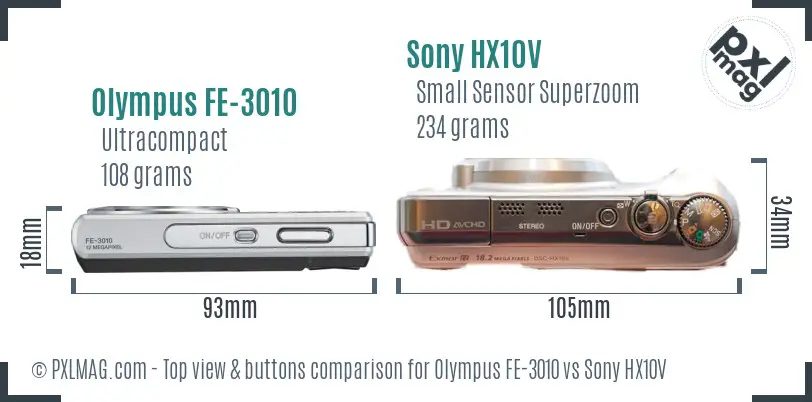 Olympus FE-3010 vs Sony HX10V top view buttons comparison