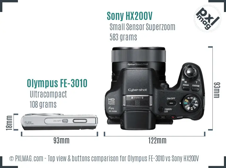 Olympus FE-3010 vs Sony HX200V top view buttons comparison