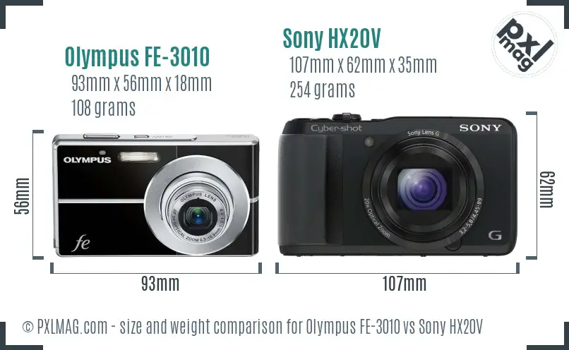 Olympus FE-3010 vs Sony HX20V size comparison