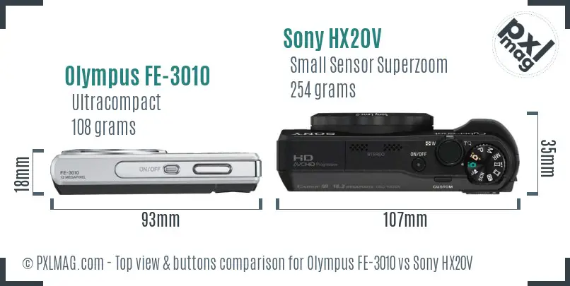 Olympus FE-3010 vs Sony HX20V top view buttons comparison