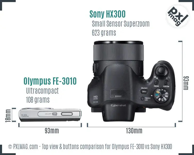 Olympus FE-3010 vs Sony HX300 top view buttons comparison
