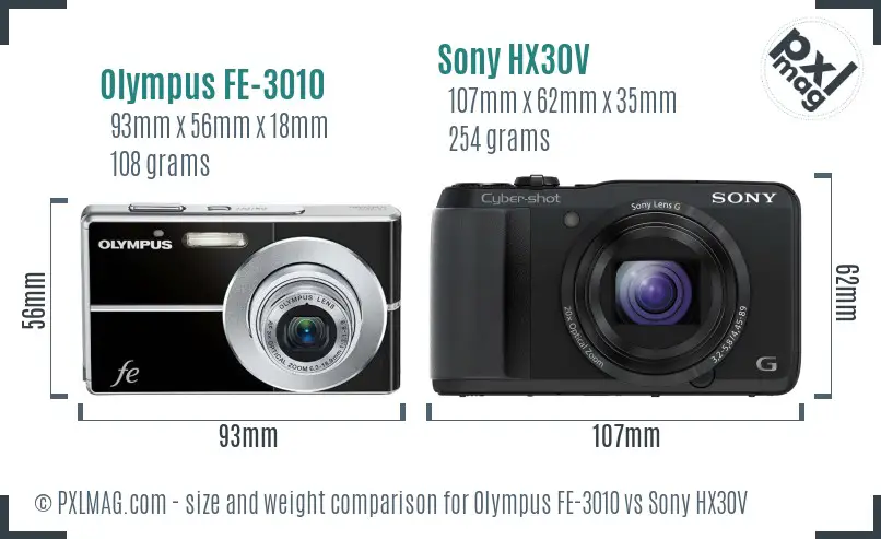 Olympus FE-3010 vs Sony HX30V size comparison