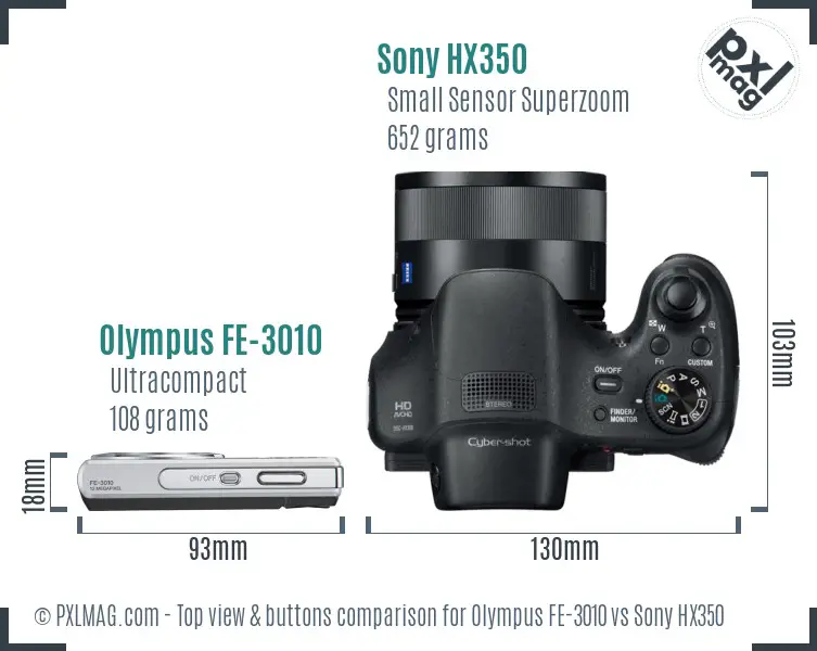 Olympus FE-3010 vs Sony HX350 top view buttons comparison