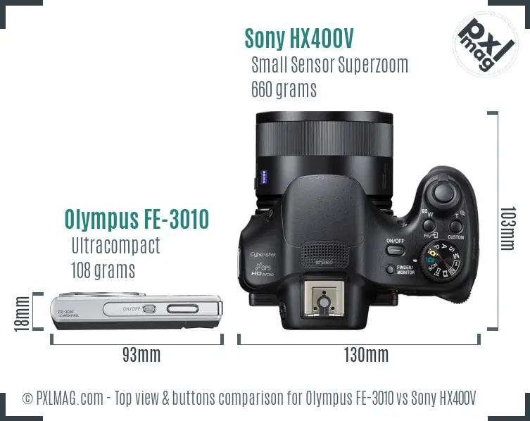 Olympus FE-3010 vs Sony HX400V top view buttons comparison