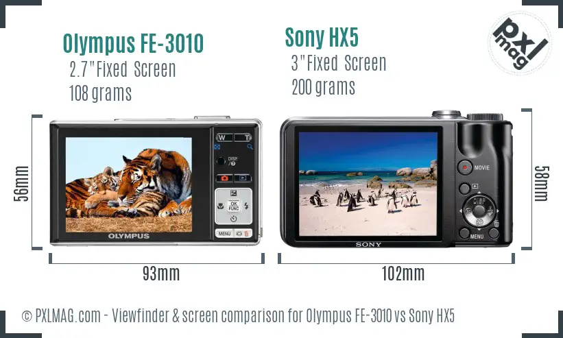 Olympus FE-3010 vs Sony HX5 Screen and Viewfinder comparison