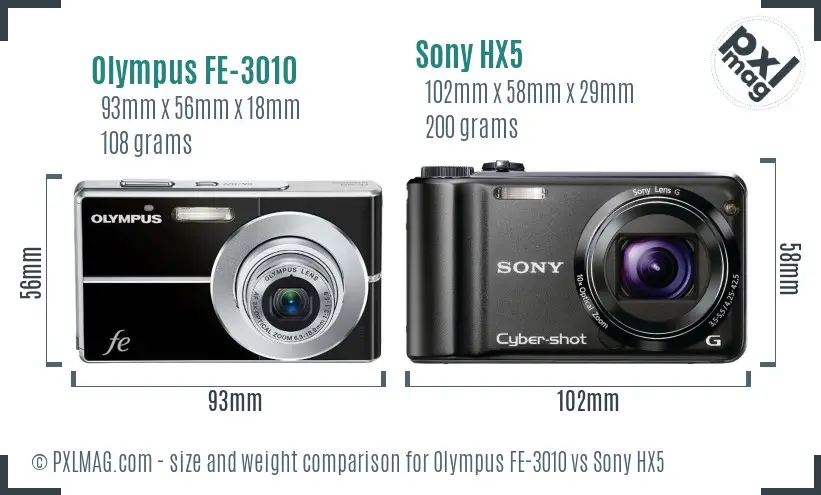 Olympus FE-3010 vs Sony HX5 size comparison