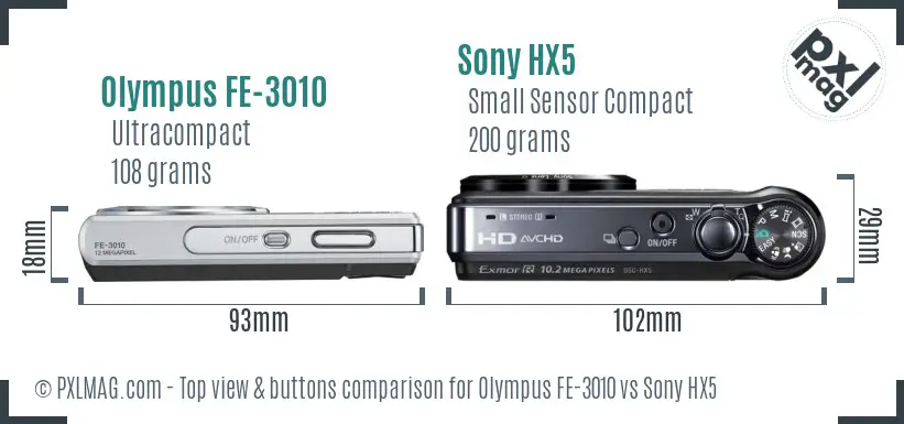 Olympus FE-3010 vs Sony HX5 top view buttons comparison