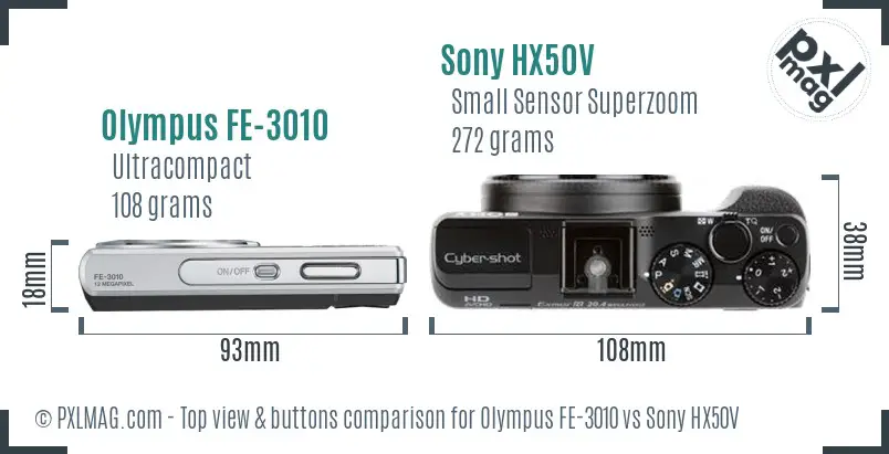 Olympus FE-3010 vs Sony HX50V top view buttons comparison