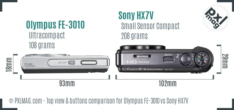 Olympus FE-3010 vs Sony HX7V top view buttons comparison