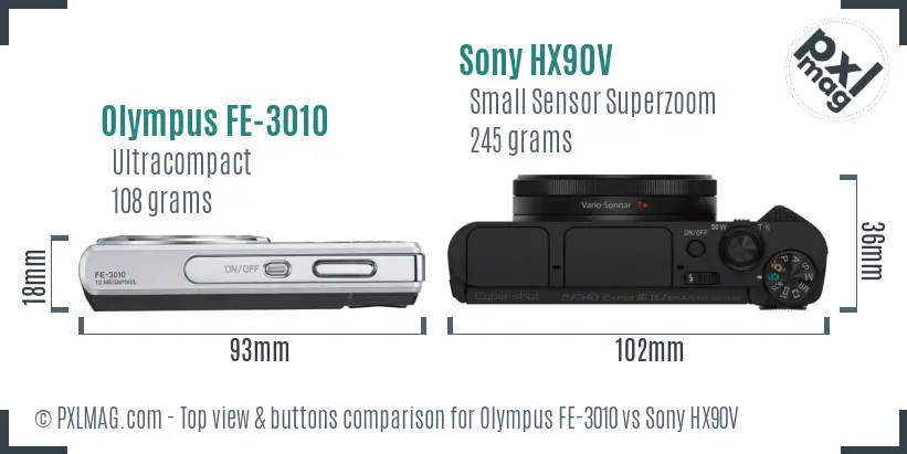 Olympus FE-3010 vs Sony HX90V top view buttons comparison