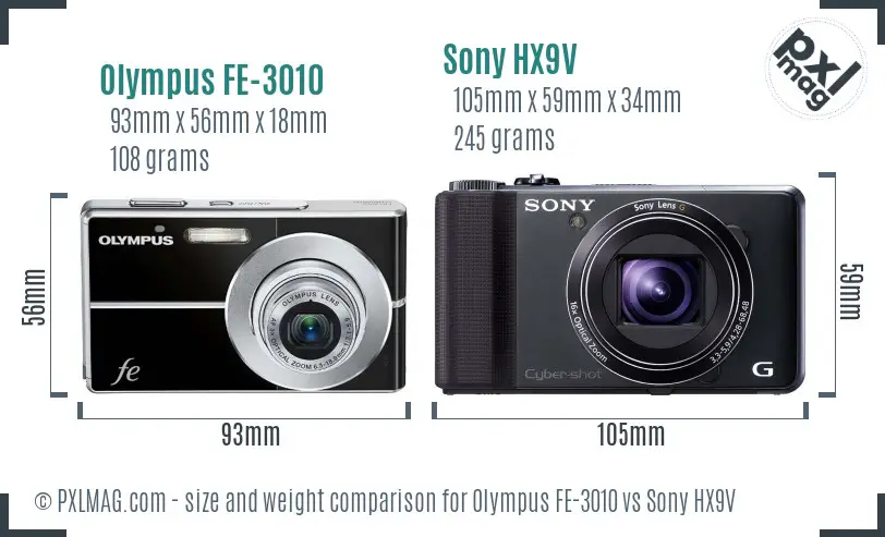 Olympus FE-3010 vs Sony HX9V size comparison