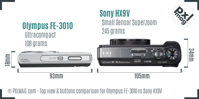 Olympus FE-3010 vs Sony HX9V top view buttons comparison