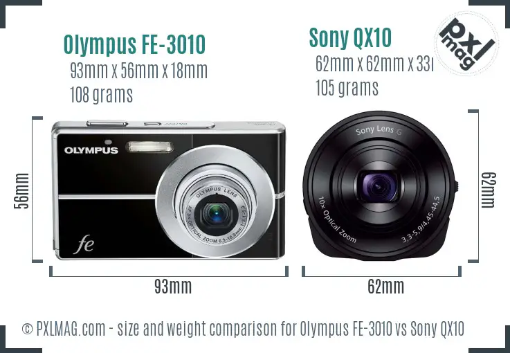 Olympus FE-3010 vs Sony QX10 size comparison