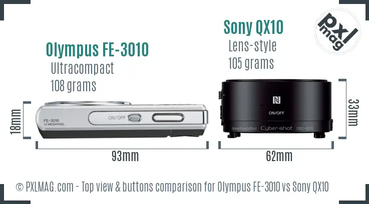 Olympus FE-3010 vs Sony QX10 top view buttons comparison