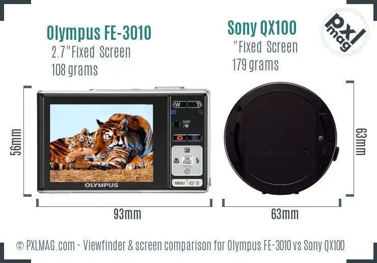 Olympus FE-3010 vs Sony QX100 Screen and Viewfinder comparison