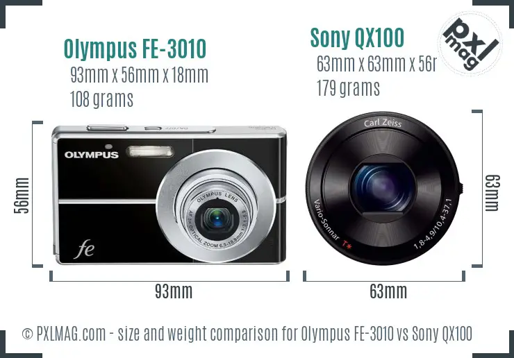 Olympus FE-3010 vs Sony QX100 size comparison