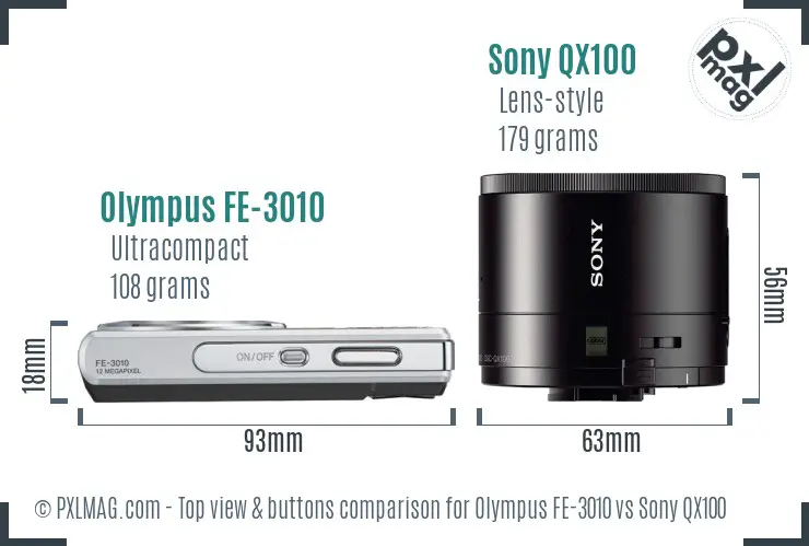 Olympus FE-3010 vs Sony QX100 top view buttons comparison